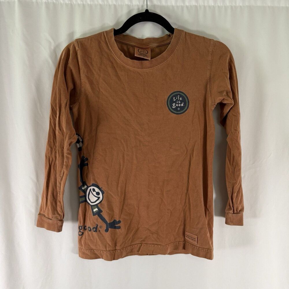 Life is Good Shirt Boys Medium 10 Brown Long Sleeve Soccer Crew Neck 100% Cotton